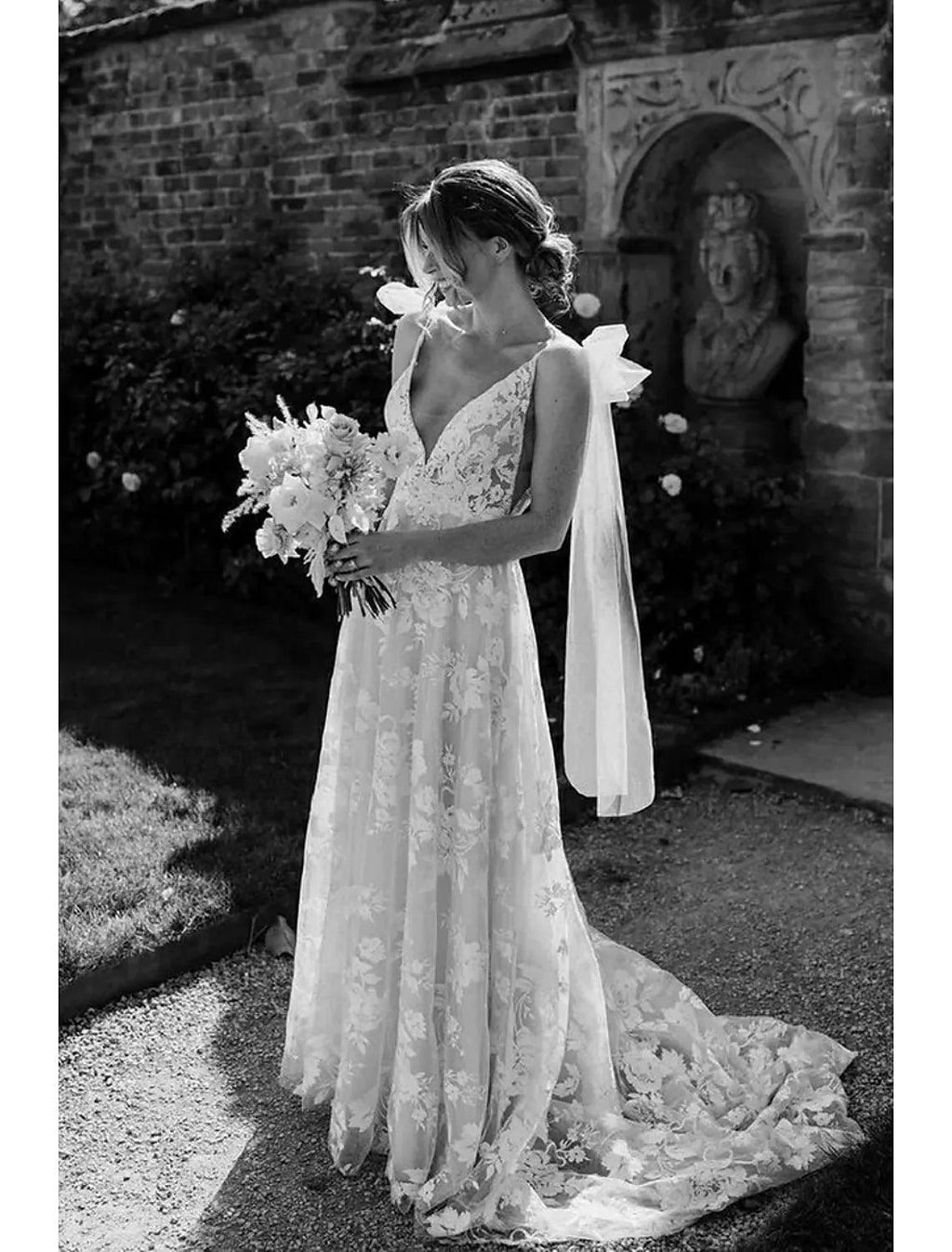 Vestidos de novia formales de compromiso, corte sirena/trompeta, manga larga, escote en V, encaje y apliques