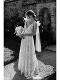 Vestidos de novia formales de compromiso, corte sirena/trompeta, manga larga, escote en V, encaje y apliques