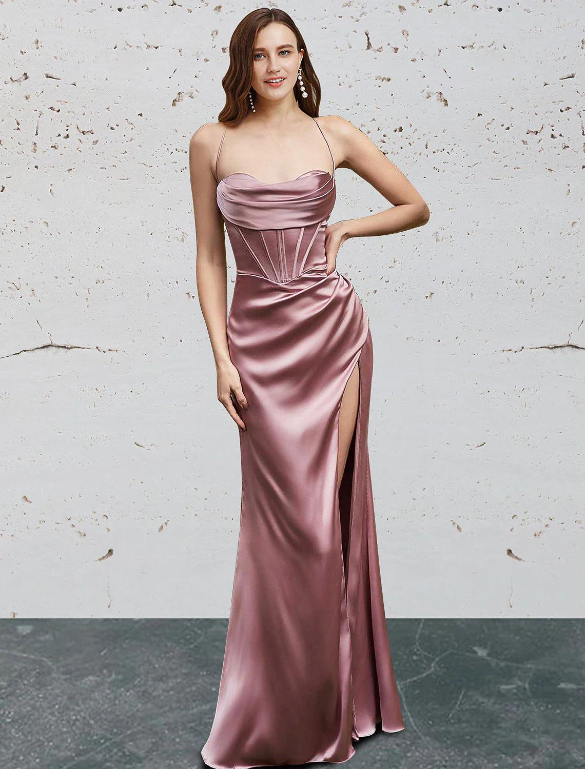 Vestidos de fiesta de sirena/trompeta, vestido vintage, largo hasta el suelo, sin mangas, escote corazón, vestido de dama de honor, charmeuse, sin espalda, con abertura, color puro