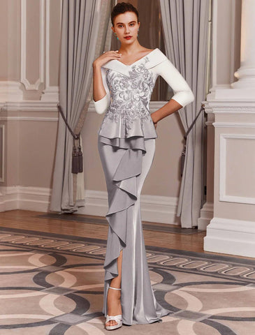 Meerjungfrau/Trompete Kleid für die Brautmutter, Hochzeitsgast, elegant, schulterfrei, Sweep/Pinselschleppe, Satin, 3/4-Ärmel mit Paillettenrüschen