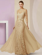 Sheath / Column Mother of the Bride Dress Formal Wedding Guest Party Elegant Scoop Neck Floor Length Chiffon Lace 3/4 Length Sleeve with Bow(s) Appliques