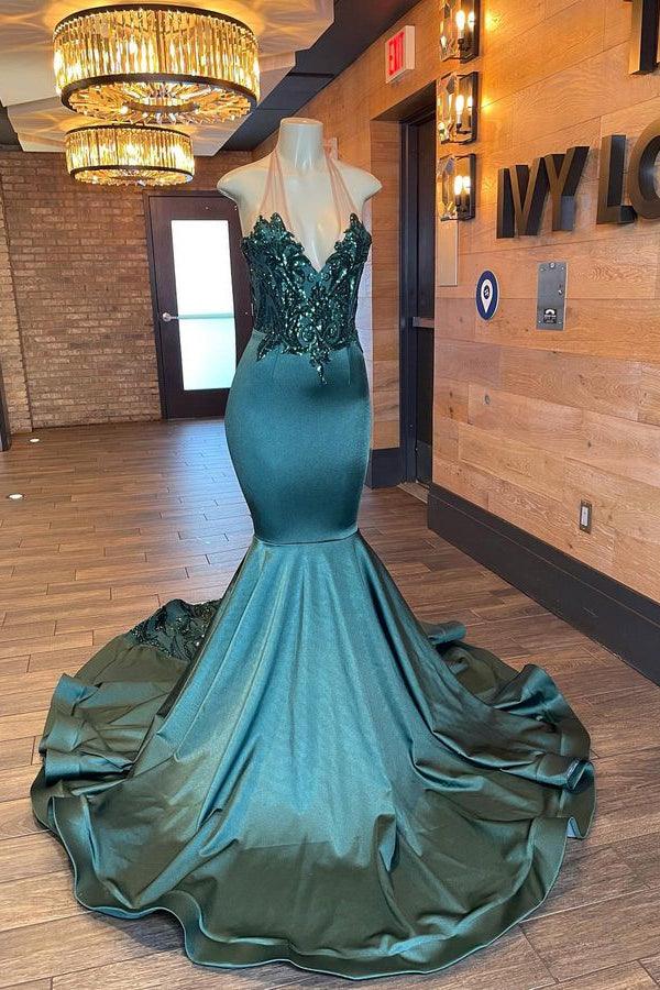 Glamorou – Ärmelloses Neckholder-Meerjungfrau-Ballkleid mit V-Ausschnitt und Perlenverzierung