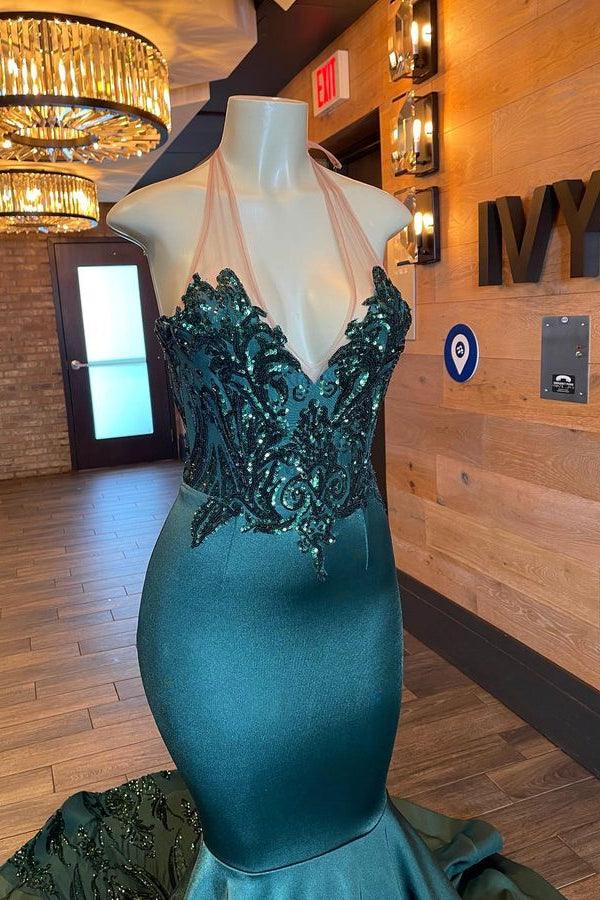 Glamorou – Ärmelloses Neckholder-Meerjungfrau-Ballkleid mit V-Ausschnitt und Perlenverzierung
