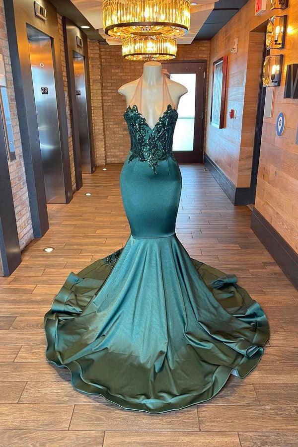 Glamorou – Ärmelloses Neckholder-Meerjungfrau-Ballkleid mit V-Ausschnitt und Perlenverzierung