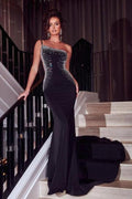 Glamouröses schwarzes langes, glitzerndes, einschultriges, ärmelloses Meerjungfrauen-Abendkleid mit Pailletten