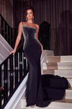 Glamouröses schwarzes langes, glitzerndes, einschultriges, ärmelloses Meerjungfrauen-Abendkleid mit Pailletten