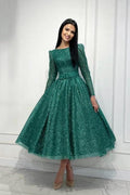 Glamouröses dunkelgrünes A-Linien-Ballkleid mit Pailletten und langen Ärmeln in Knöchellänge