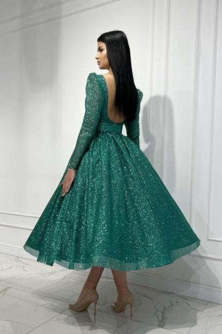 Glamouröses dunkelgrünes A-Linien-Ballkleid mit Pailletten und langen Ärmeln in Knöchellänge
