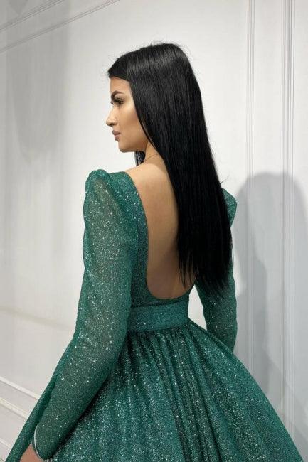 Glamouröses dunkelgrünes A-Linien-Ballkleid mit Pailletten und langen Ärmeln in Knöchellänge