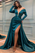 Glamouröses langes A-Linien-Ballkleid aus Satin mit schulterfreiem V-Ausschnitt und langen Ärmeln