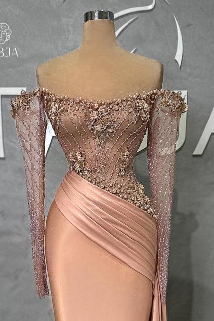 Glamouröses langes Meerjungfrau-Abendkleid aus Satin mit Perlen und schulterfreien Ärmeln