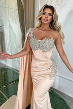 Glamouröses langes Meerjungfrau-Abendkleid mit einer Schulter und Perlen verziert, ärmellos
