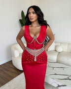 Vestido de fiesta glamuroso de sirena largo con escote en V y pedrería, sin mangas