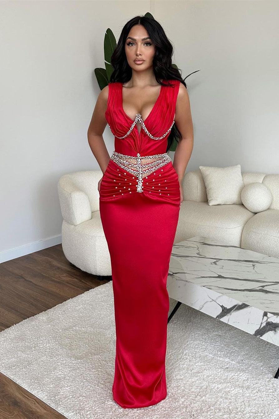 Vestido de fiesta glamuroso de sirena largo con escote en V y pedrería, sin mangas