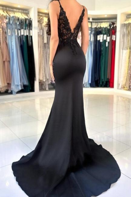 Glamouröses langes Meerjungfrau-Ballkleid mit V-Ausschnitt, Spaghettiträgern und Schlitz