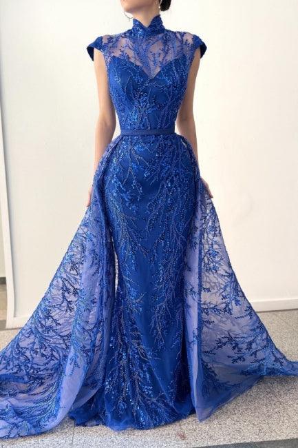 Glamouröses, langes, königsblaues, hochgeschlossenes, ärmelloses Ballkleid aus Spitze mit abnehmbarer Schleppe