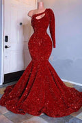 Glamoroso vestido de fiesta de sirena con mangas largas y un solo hombro en rojo y lentejuelas