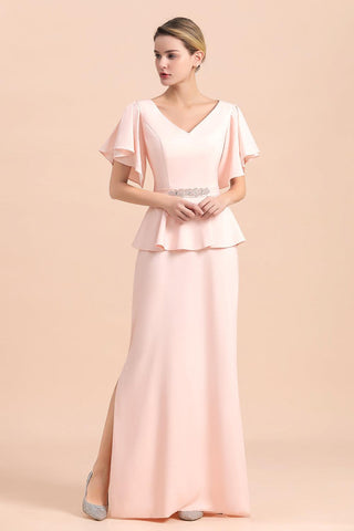 Robe de mère de la mariée glamour à col en V et fente sur le devant avec ceinture à perles