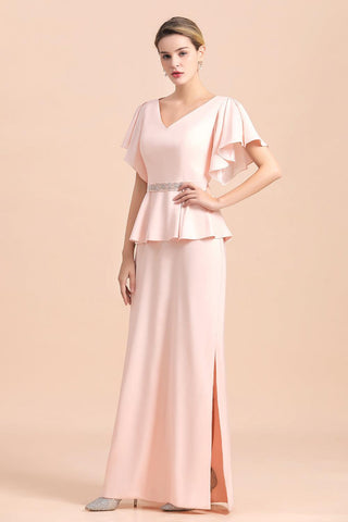 Robe de mère de la mariée glamour à col en V et fente sur le devant avec ceinture à perles