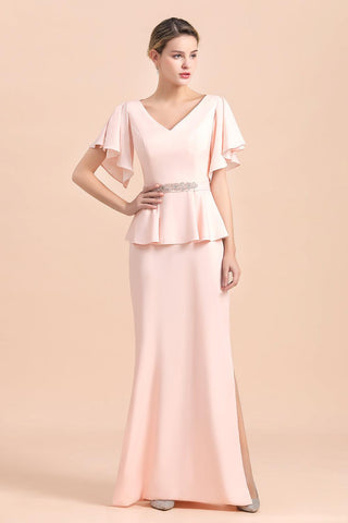 Robe de mère de la mariée glamour à col en V et fente sur le devant avec ceinture à perles