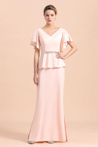Robe de mère de la mariée glamour à col en V et fente sur le devant avec ceinture à perles