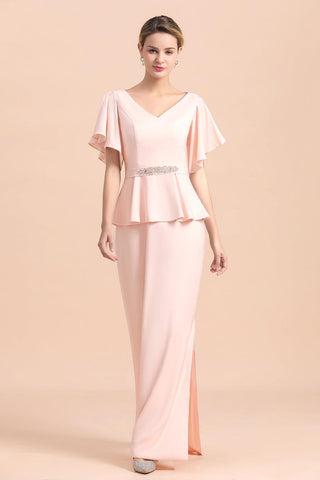 Robe de mère de la mariée glamour à col en V et fente sur le devant avec ceinture à perles