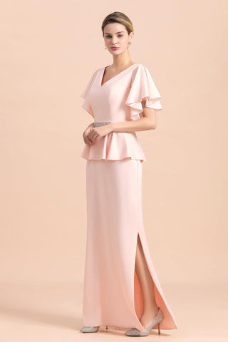 Robe de mère de la mariée glamour à col en V et fente sur le devant avec ceinture à perles