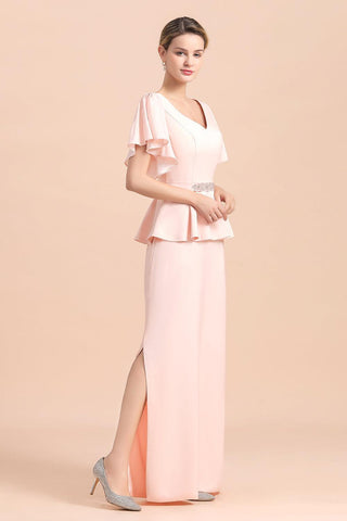 Robe de mère de la mariée glamour à col en V et fente sur le devant avec ceinture à perles
