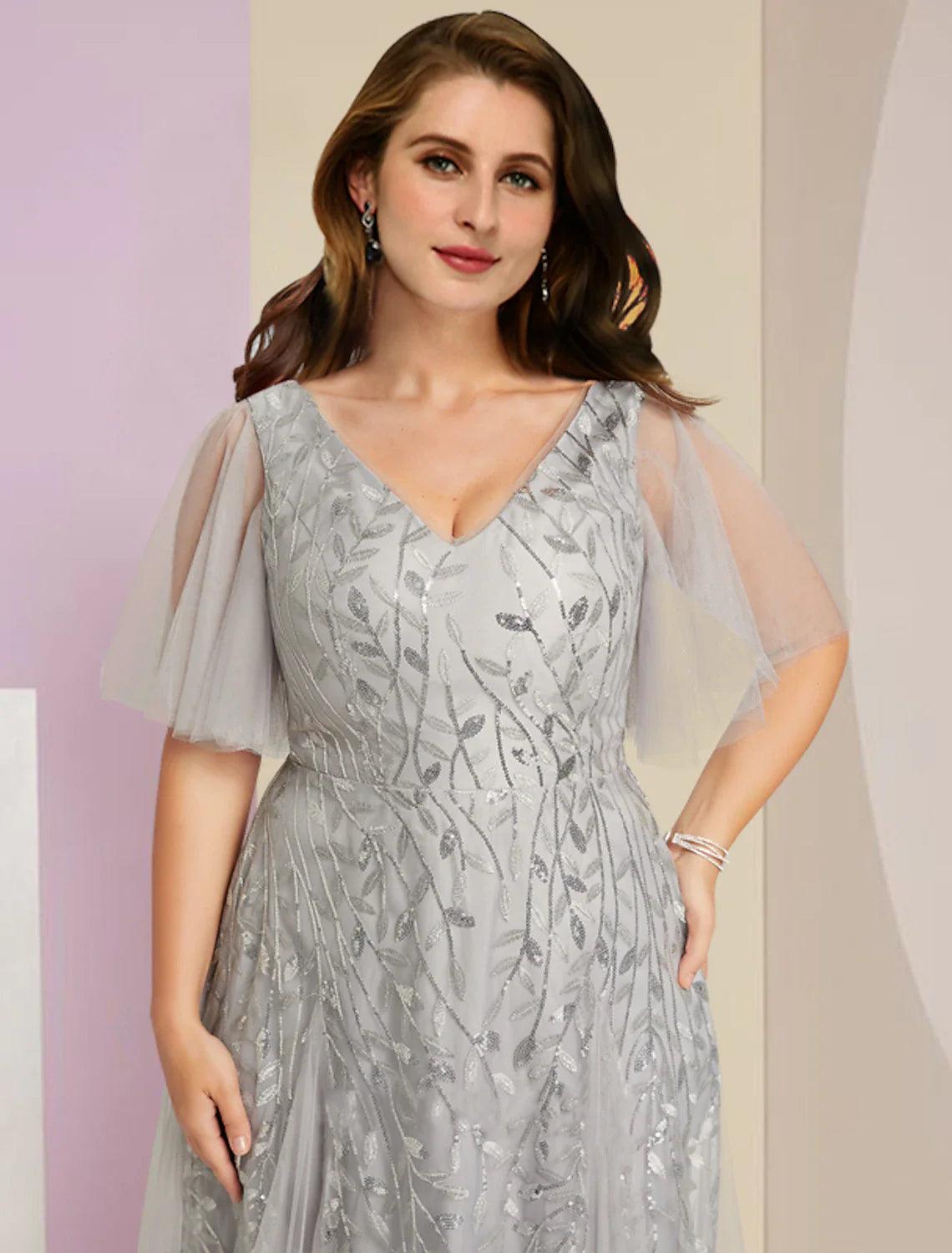 NumberSea-Mother of the Bride Dresses Plus Size Curve Hide Belly Party Sparkle & Shine V Neck Floor Length Lace Tulle Short Sleeve with Pleats Sequin NumberSea-Mother of the Bride Dresses Plus Size Curve Hide Belly Party Sparkle & Shine V Neck Floor Length Lace Tulle Short Sleeve with Pleats Sequin