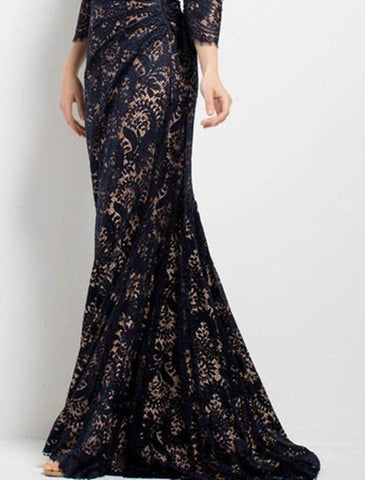 Meerjungfrau/Trompete Mutter der Braut Kleid Hochzeitsgast Elegant V-Ausschnitt Sweep/Pinsel Schleppe Spitze Langarm Nein mit gerafften Applikationen