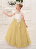 Vestido de niña de las flores con cola larga y tul con encaje desmontable 