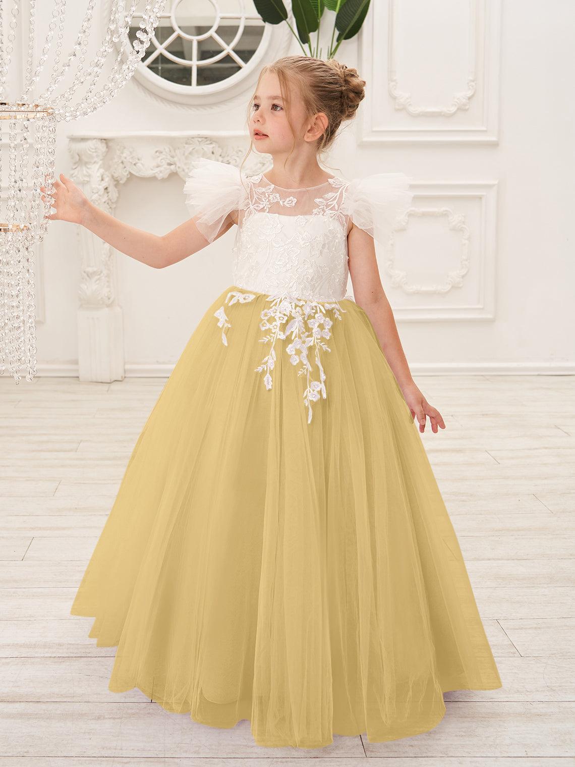Vestido de niña de las flores con cola larga y tul con encaje desmontable 