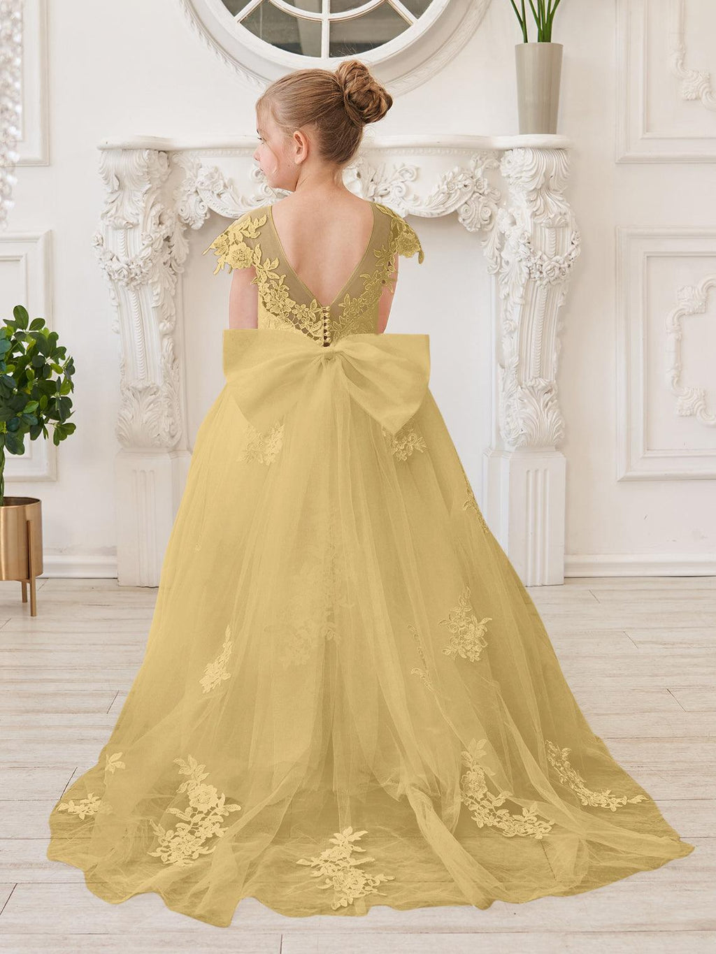Vestido de princesa para primera comunión de niña de las flores, color marfil, con cola desmontable 