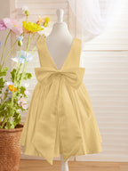 Elegante vestido de niña de las flores de satén con escote en V, corte A y lazo hasta la rodilla 
