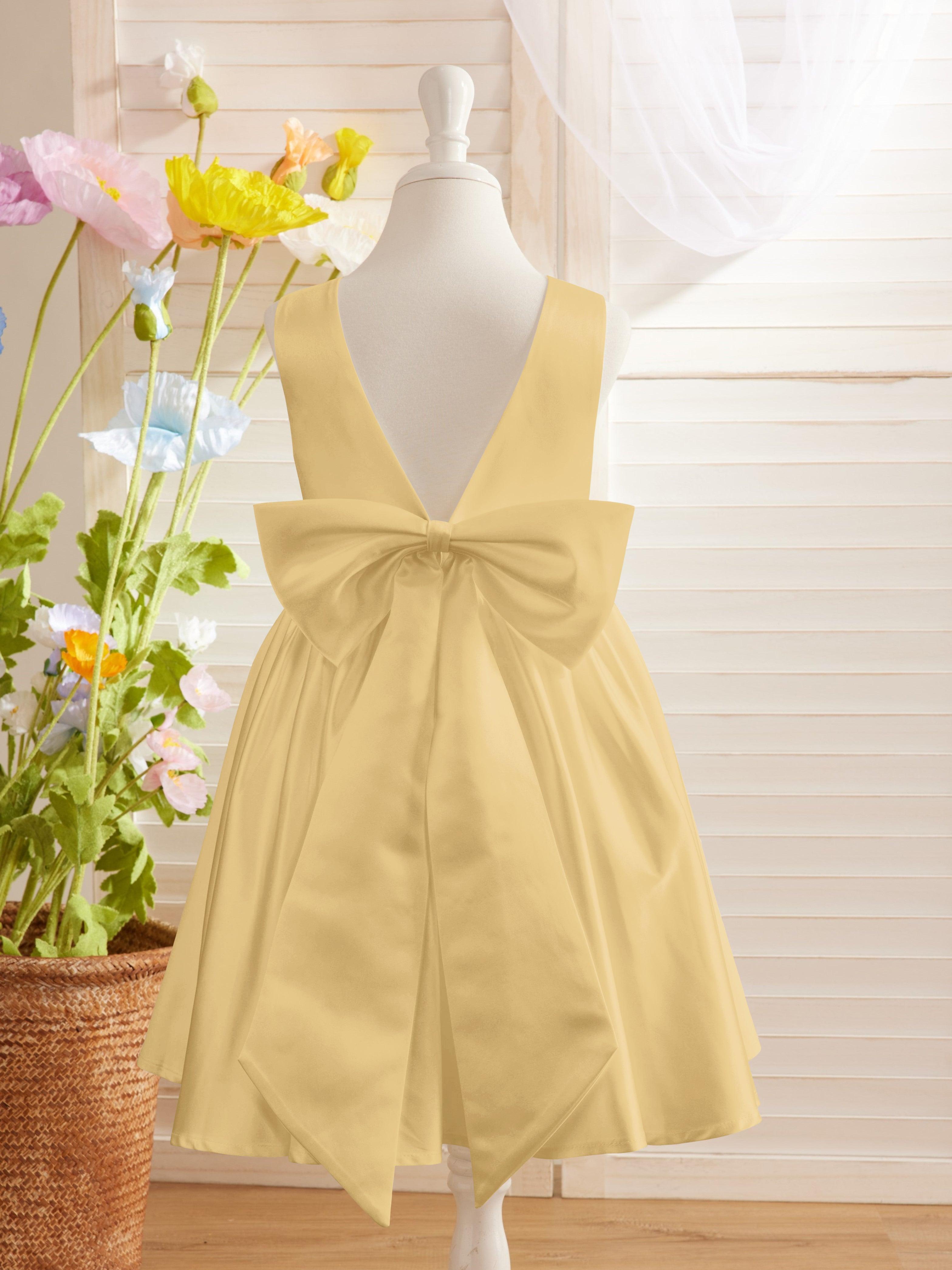 Elegante vestido de niña de las flores de satén con escote en V, corte A y lazo hasta la rodilla 