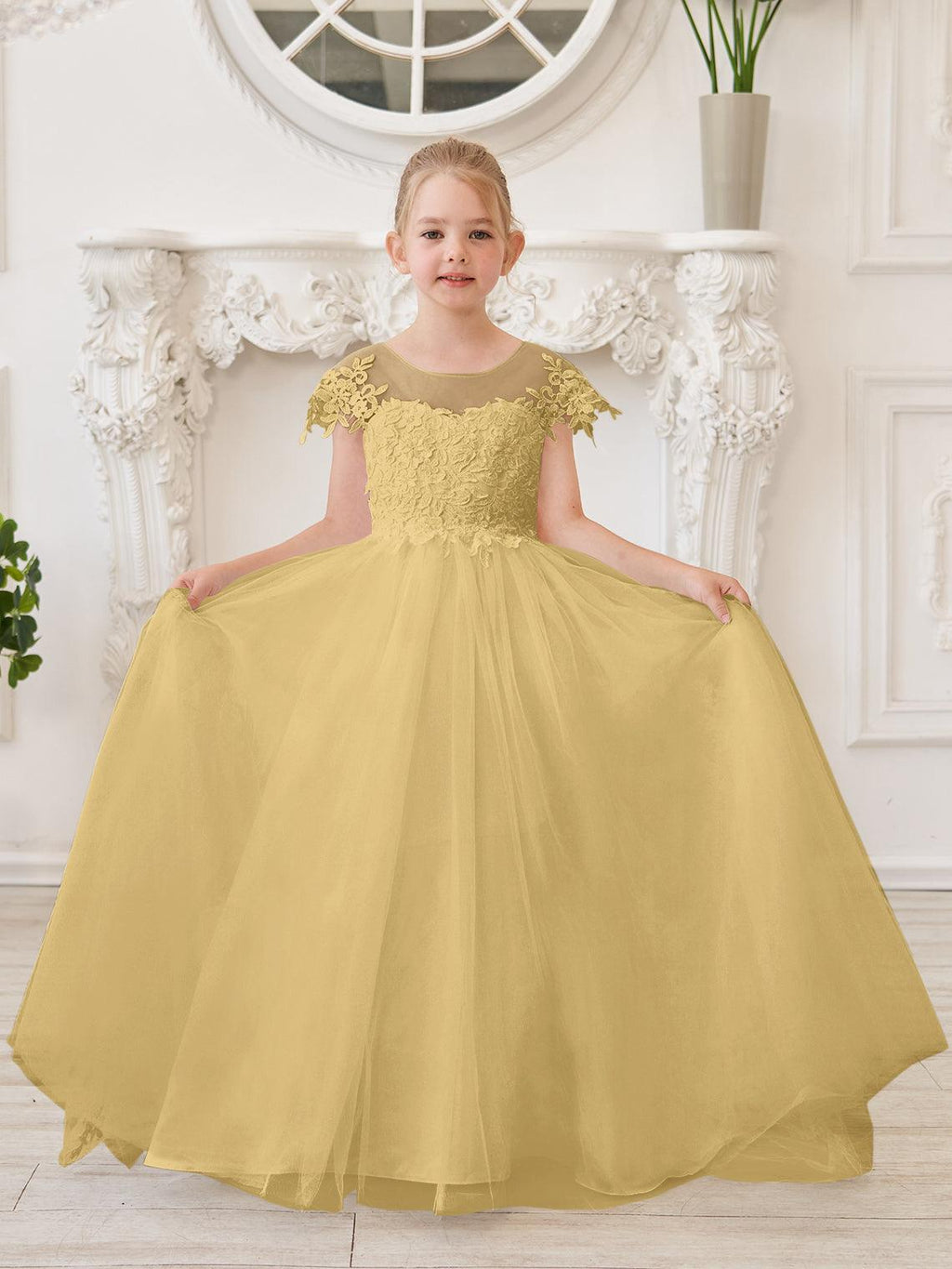 Vestido de princesa para primera comunión de niña de las flores, color marfil, con cola desmontable 