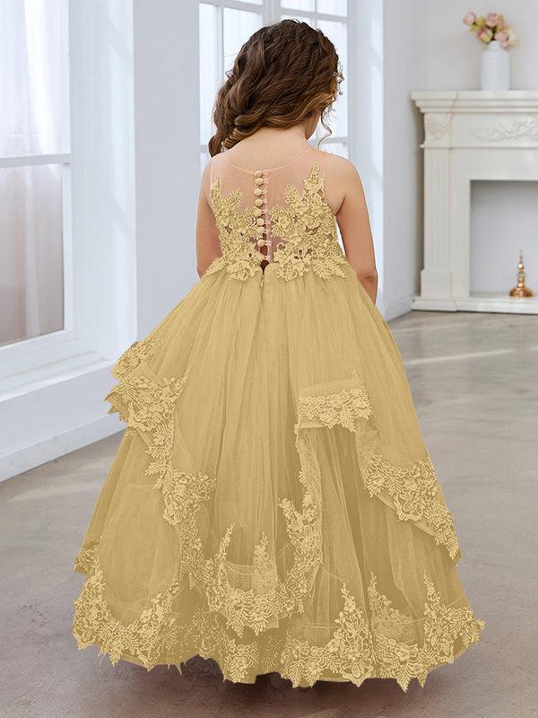 Vestido de princesa de tul sin mangas con apliques de encaje y cola larga para niñas 