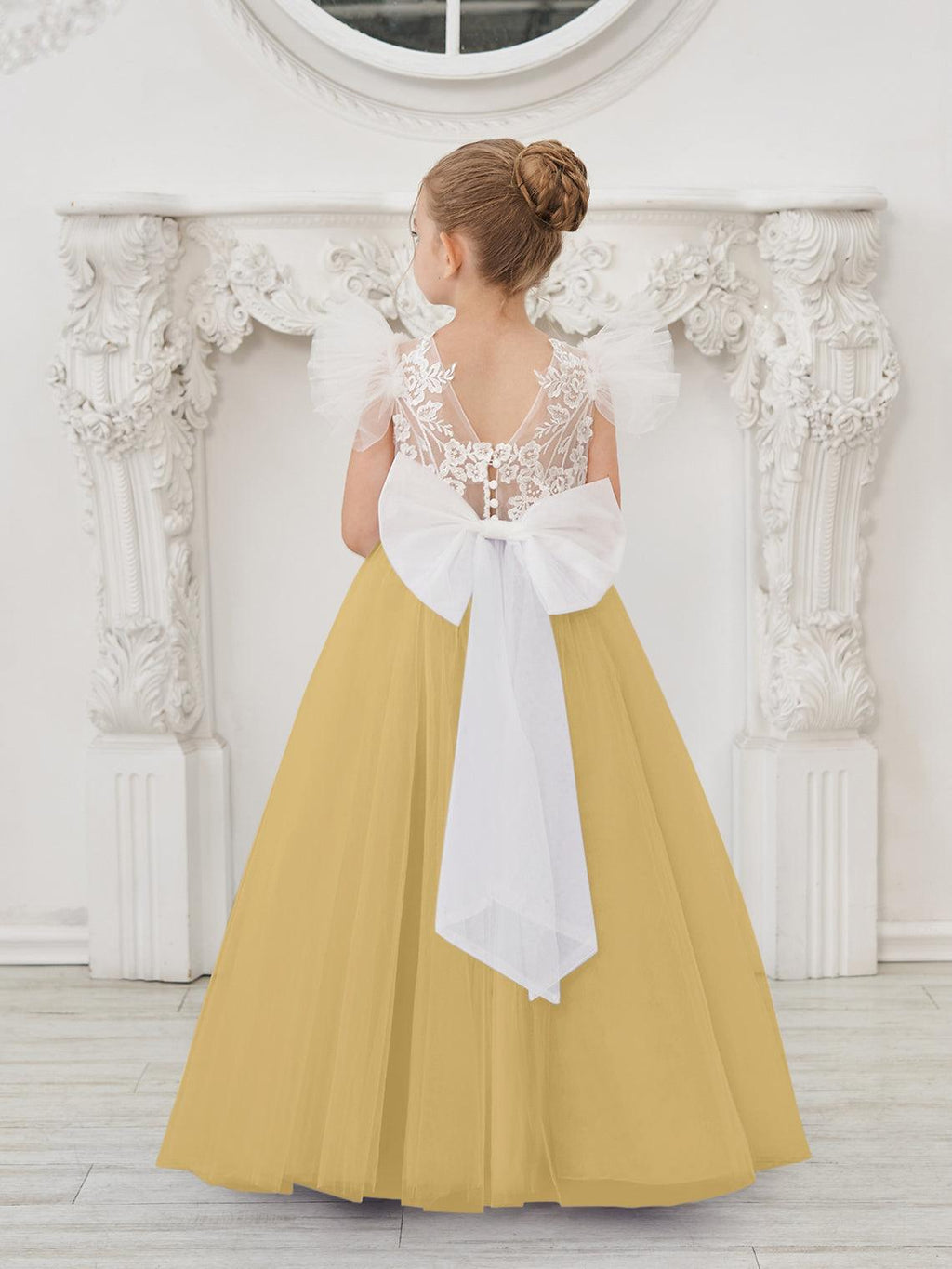 Vestido de niña de las flores con cola larga y tul con encaje desmontable 