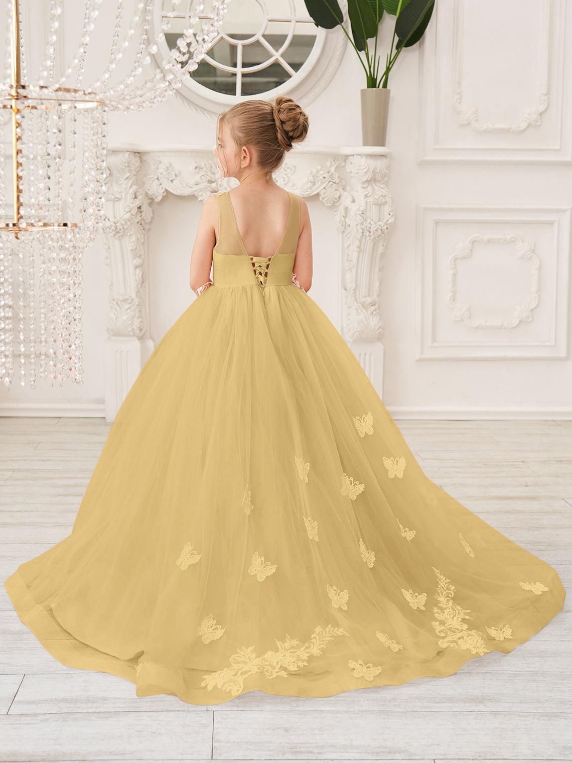 Elegante vestido de tul sin mangas estilo princesa de corte A para niña de las flores 