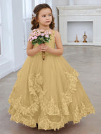 Vestido de princesa de tul sin mangas con apliques de encaje y cola larga para niñas 
