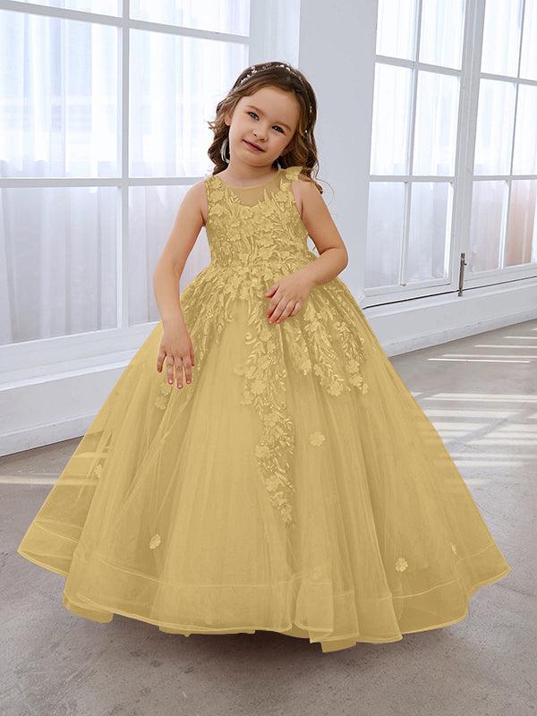 Vestido de princesa rosa para niña con apliques de encaje 