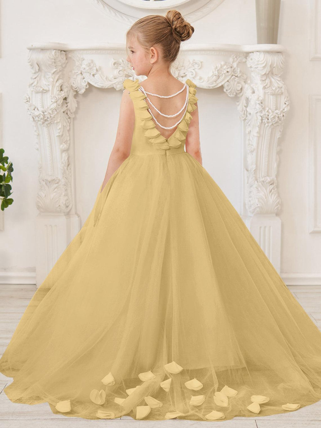 Elegante vestido de niña de las flores de tul blanco con cola larga 