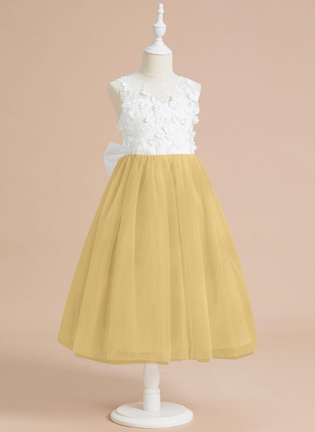 Vestido largo hasta la rodilla con encaje floral y lazo grande 