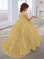 Vestido de princesa rosa para niña con apliques de encaje 