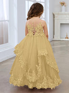 Vestido de princesa de tul sin mangas con apliques de encaje y cola larga para niñas 
