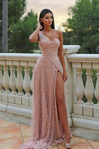 Wunderschönes A-Linien-Ballkleid aus Satin mit einer Schulter und ärmellos in Rosa mit Schlitz vorne
