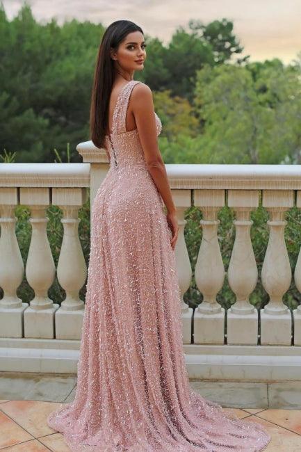 Wunderschönes A-Linien-Ballkleid aus Satin mit einer Schulter und ärmellos in Rosa mit Schlitz vorne