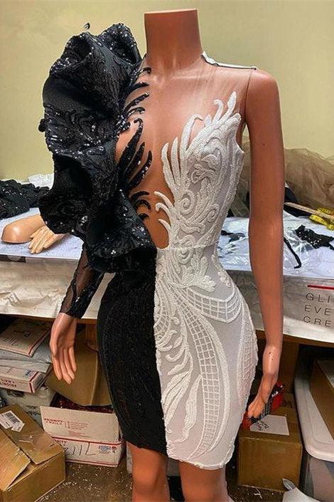 Wunderschönes zweifarbiges Mini-Ballkleid mit V-Ausschnitt, Spitzenapplikationen und Spitze