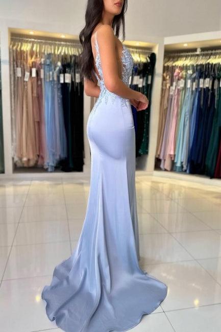 Wunderschönes säulenförmiges Satin-Spaghettiträger-ärmelloses Ballkleid mit Applikationen und Schlitz