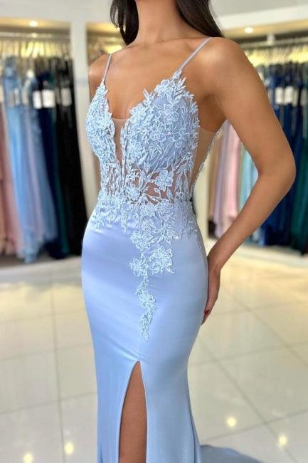 Wunderschönes säulenförmiges Satin-Spaghettiträger-ärmelloses Ballkleid mit Applikationen und Schlitz